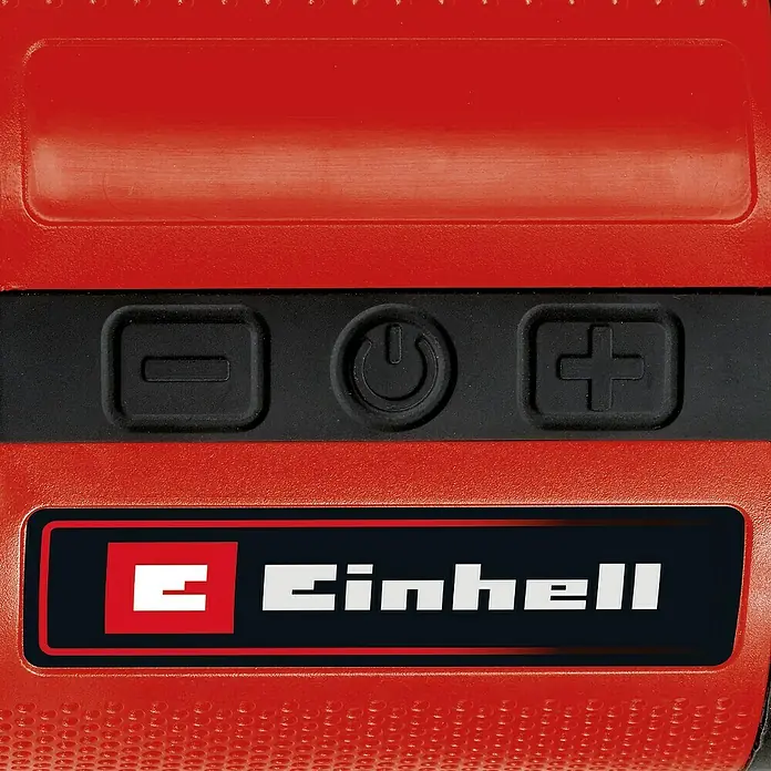 Einhell Power X-Change 18V Bluetooth-Lautsprecher TC-SR 18 Li BT Solo - 18 V, Ohne Akku, L x B x H: 10,9 x 9 x 10 cm - Nahaufnahme eines roten Einhell-Geräts mit Bedienknöpfen und Logo, ideal für Produktpräsentationen und Marketing.