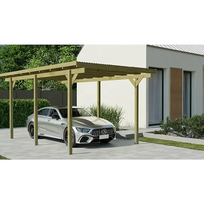 Carport BAUHAUS - Außenmaß inkl. Dachüberstand (B x T): 5,02 x 3 m, Einzelcarport, KDI Grün - Ein Carport aus Naturholz über einem silbernen Auto. Er besteht aus einem stabilen Holzrahmen und Dach.