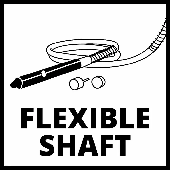 Einhell Power X-Change 18V Schleif- & Gravurwerkzeug TE-MT 18/34 Li-Solo - Ohne Akku, 5.000 U/min - 34.000 U/min - Illustration einer biegsamen Welle mit Zubehör, hervorgehoben durch den Text "FLEXIBLE SHAFT". Ideal für Präzisionsarbeiten.