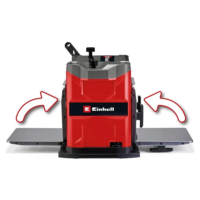 Einhell Expert Hobelmaschine TE-SP 330 - 1.800 W, Hobelbreite: 330 mm - Das Bild zeigt eine Einhell Hobelmaschine mit Pfeilen, die auf die Ausziehtische zeigen.