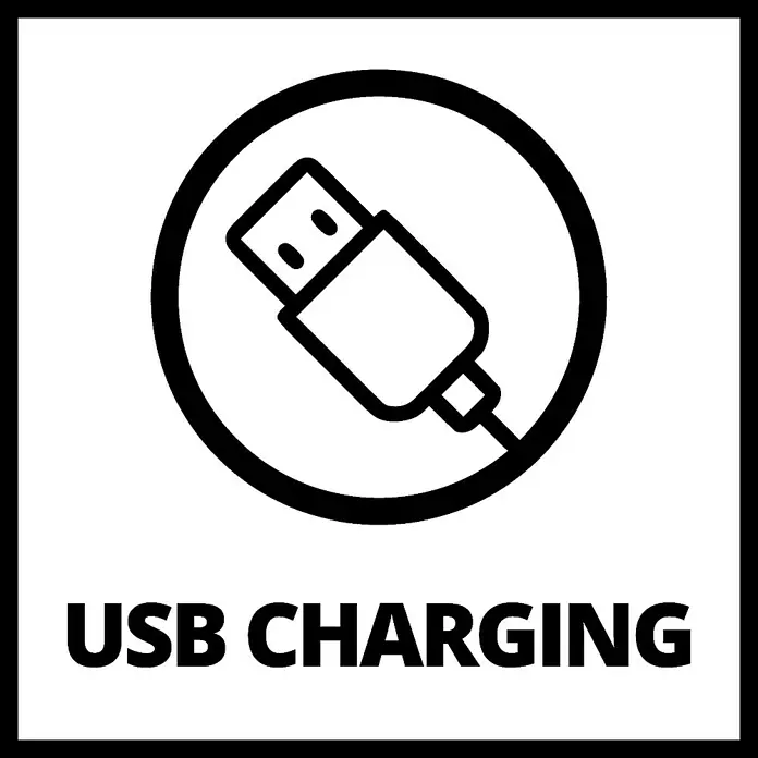 Einhell Power X-Change 18V Bluetooth-Lautsprecher TC-SR 18 Li BT Solo - 18 V, Ohne Akku, L x B x H: 10,9 x 9 x 10 cm - Symbol für USB-Aufladung mit USB-Stecker in einem Kreis und der Beschriftung "USB CHARGING" unterhalb des Symbols.