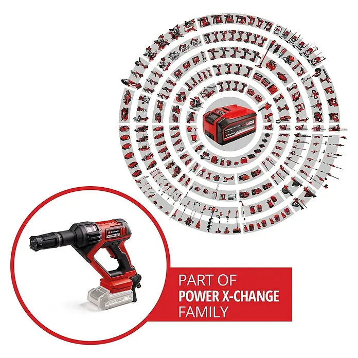 Einhell Power X-Change 18V Akku-Druckreiniger Hypresso 18/24-1 - 18 V, Ohne Akku, Max. Druck: 24 bar - Abbildung eines Einhell Power X-Change Akku-Heißluftgebläses, Teil der Power X-Change Familie, mit Akku-System im Hintergrund.