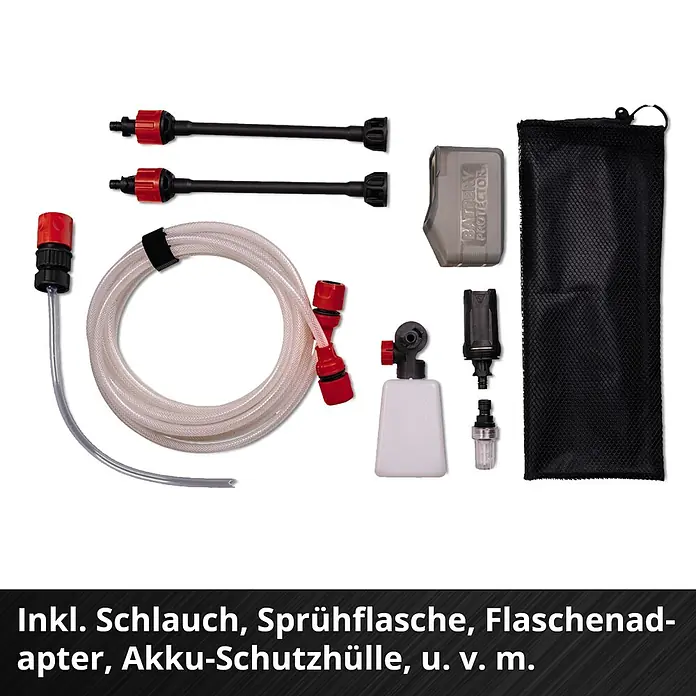 Einhell Power X-Change 18V Akku-Druckreiniger Hypresso 18/24-1 - 18 V, Ohne Akku, Max. Druck: 24 bar - Bild von Zubehör für einen Hochdruckreiniger, inklusive Schlauch, Sprühflasche, Adapter und Schutzhülle.