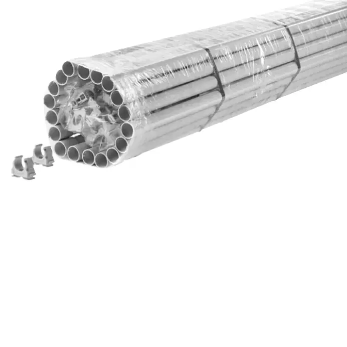 Fränkische Stangenrohr-Set FPKu-EM-F 20 inkl. 100 Klemmschellen - EN 20, Länge: 2 m, Hellgrau, 37 Stk. - Gebündelte, silberne/weiße Metall- oder PVC-Rohre, in Folie verpackt, mit C-Clips zur Montage.