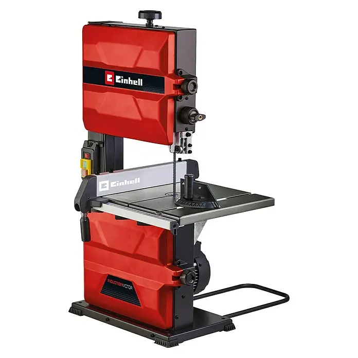 Einhell Expert Bandsäge TC-SB 245 L - 400 W, Leerlaufdrehzahl: 1.450 U/min, Sägebandlänge: 1.712 mm - Eine rote Einhell Bandsäge, ein Werkzeug für präzise Holzarbeiten, steht auf einem schwarzen Untergrund. Ideal für Heimwerker und Profis.