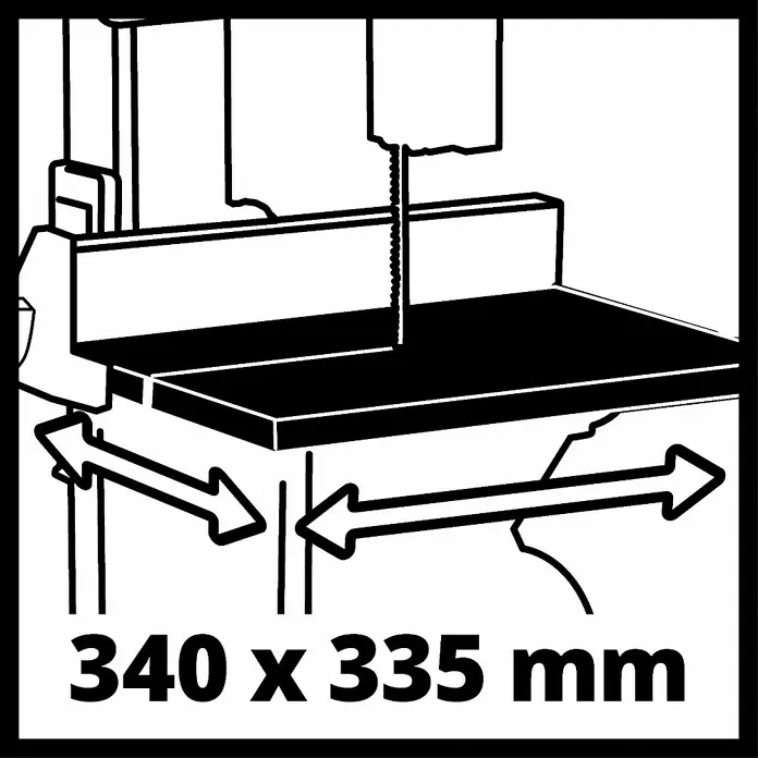 Einhell Expert Bandsäge TC-SB 245 L - 400 W, Leerlaufdrehzahl: 1.450 U/min, Sägebandlänge: 1.712 mm - Abbildung einer Bandsäge mit den Maßen 340 x 335 mm, die die Tischgröße des Produkts angibt.