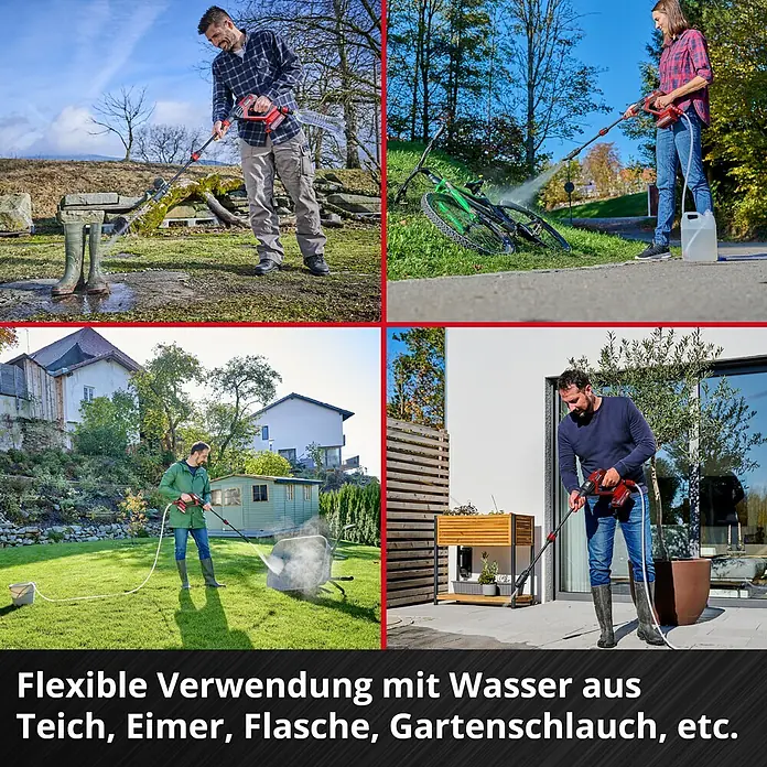 Einhell Power X-Change 18V Akku-Druckreiniger Hypresso 18/24-1 - 18 V, Ohne Akku, Max. Druck: 24 bar - Akkubetriebener Hochdruckreiniger in Aktion. Flexible Nutzung mit Wasser aus verschiedenen Quellen.