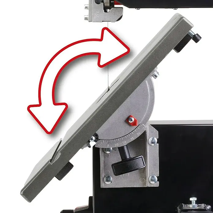 Einhell Expert Bandsäge TC-SB 245 L - 400 W, Leerlaufdrehzahl: 1.450 U/min, Sägebandlänge: 1.712 mm - Eine Nahaufnahme einer Tischbandsäge mit einem roten Pfeil, der die Bewegung des verstellbaren Tisches anzeigt.