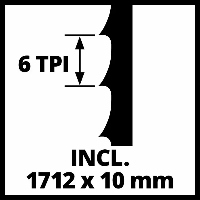 Einhell Expert Bandsäge TC-SB 245 L - 400 W, Leerlaufdrehzahl: 1.450 U/min, Sägebandlänge: 1.712 mm - Abbildung eines Sägeblatts mit 6 TPI und den Maßen 1712 x 10 mm, das für präzise Schnitte und eine hohe Leistung steht.