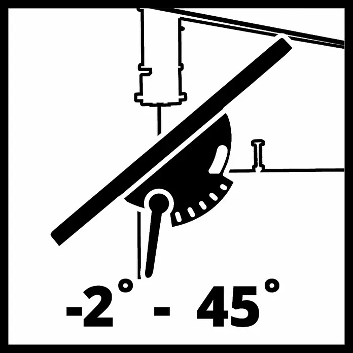 Einhell Expert Bandsäge TC-SB 245 L - 400 W, Leerlaufdrehzahl: 1.450 U/min, Sägebandlänge: 1.712 mm - Ein Symbol für eine Säge, das den Winkelbereich von -2° bis 45° anzeigt. Perfekt für präzise Schnitte bei Holzarbeiten.