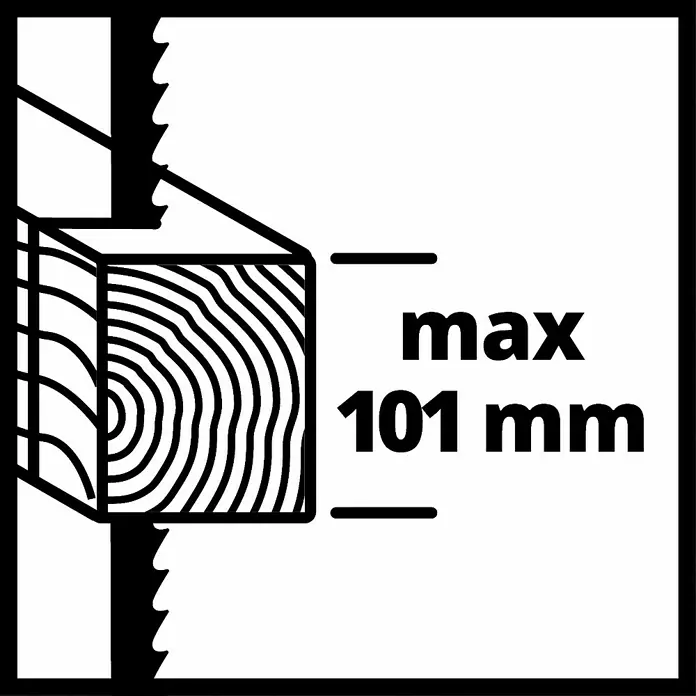Einhell Expert Bandsäge TC-SB 245 L - 400 W, Leerlaufdrehzahl: 1.450 U/min, Sägebandlänge: 1.712 mm - Illustration eines Holzes, das mit einer Säge geschnitten wird, mit der Angabe der maximalen Schnitttiefe von 101 mm.