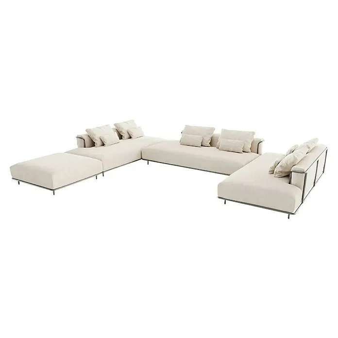Sunfun Loungemöbel-Set - 4 -tlg., Aluminium, Textil, Sand/Night-Grey - L-förmiges Ecksofa aus cremefarbenem Stoff mit Chaiselongue und Metallrahmen.