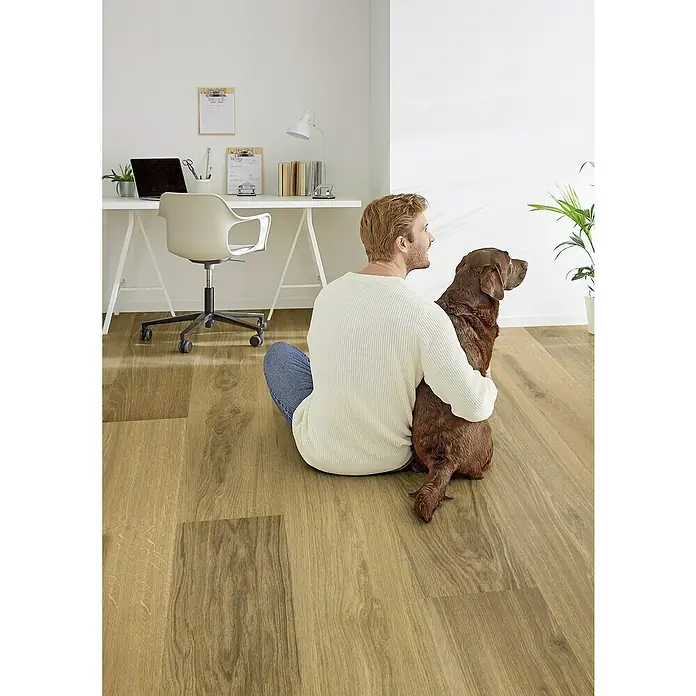 Decolife Designboden Freestyle Access Oak Rustic Nougat - 1.220 x 185 x 8,5 mm, Landhausdiele, Oak Rustic Nougat - Ein Mann sitzt mit seinem braunen Labrador auf einem hellen Holzboden in einem modern eingerichteten Raum mit Schreibtisch.
