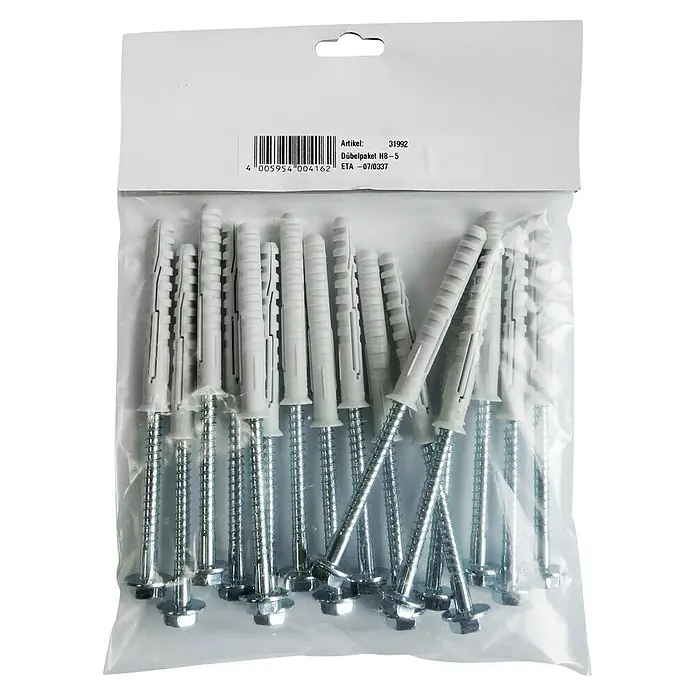 Hörmann Dübel-Set - Passend für: Hörmann Brandschutztür H8-5 & Mehrzwecktür - Bild einer Packung mit Dübeln H8-5, Artikelnummer 31992. Im Vordergrund sind die Schrauben und Dübel in einer transparenten Verpackung sichtbar.