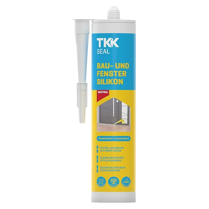 Fenster-Silikon - Weiss, 300 ml - Weiße TKK SEAL neutraler transparenter Bau- und Fenstersilikon-Kartusche mit blau-gelbem Etikett und Applikator.