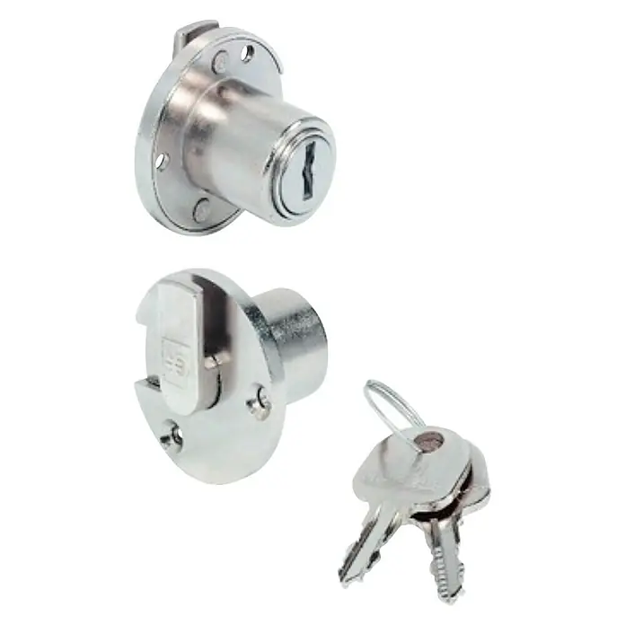 Suki Cerradura para muebles - Diámetro cilindro: 19 mm, Apto para: Mueble - Un primer plano de una cerradura de gabinete con dos llaves hechas de metal brillante, perfecto para un almacenamiento seguro.