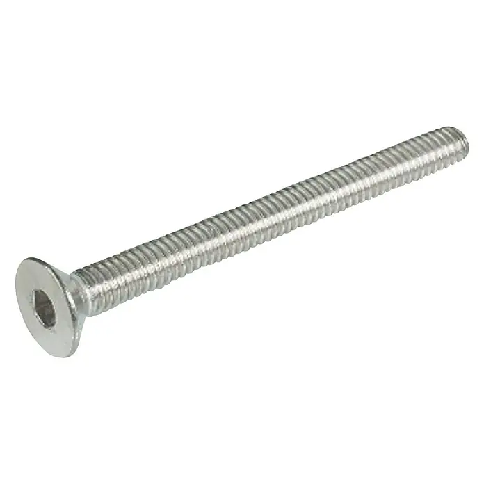 Häfele Tornillo roscado - Largo: 60 mm, M 6, Acero - Primer plano de un tornillo avellanado plateado con un hueco hexagonal y rosca completa.