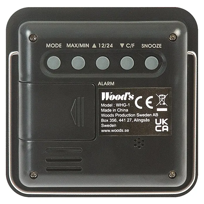 Woods Thermo-Hygrometer - Breite: 1,4 cm, Schwarz - Rückseite einer schwarzen Digitaluhr mit Bedientasten, Batteriefach und Produktetikett mit Hersteller- und Modellinformationen.
