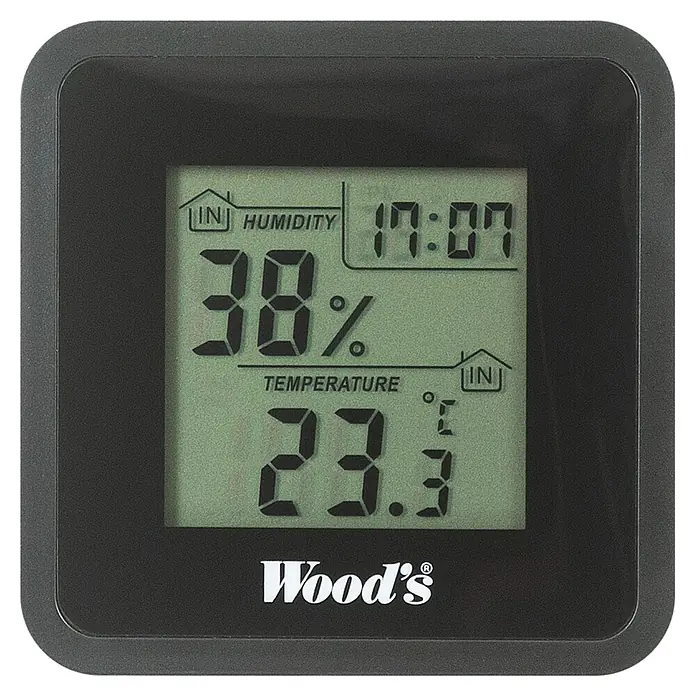 Woods Thermo-Hygrometer - Breite: 1,4 cm, Schwarz - Schwarzes digitales Thermo- und Hygrometer zeigt Innenfeuchte (38%), Temperatur (23.3°C) und Uhrzeit (17:07).