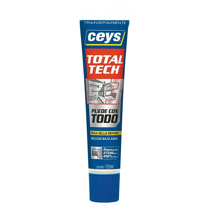 Ceys Adhesivo y sellador Total Tech - Transparente, 125 ml - Tubo de adhesivo CEYS Total Tech, transparente, para aplicaciones versátiles en el hogar y el jardín. Adhiere, sella y repara con fiabilidad.