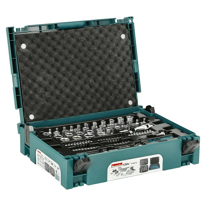 Makita Werkzeugkoffer E-08713 - 120 -tlg. - Makita 120-teiliges Werkzeugset in einem robusten, türkisfarbenen Koffer mit Schaumstoffeinlage, ideal für Profis und Heimwerker.