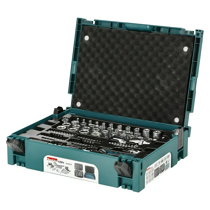 Makita Werkzeugkoffer E-08713 - 120 -tlg. - Bild eines geöffneten Makita E-08713 Werkzeugkoffers mit 120 Teilen, der eine Vielzahl an Bits, Steckschlüsseln und Zubehör ordentlich präsentiert.