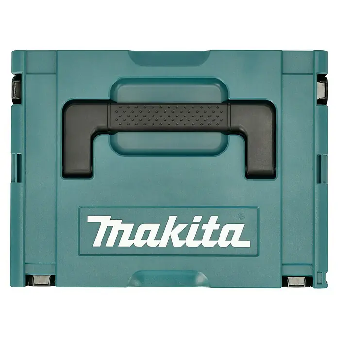 Makita Werkzeugkoffer E-08713 - 120 -tlg. - Nahaufnahme einer Werkzeugkiste von Makita in Türkis mit schwarzem Griff und weißem Logo, ideal für die Aufbewahrung von Werkzeugen und Zubehör.