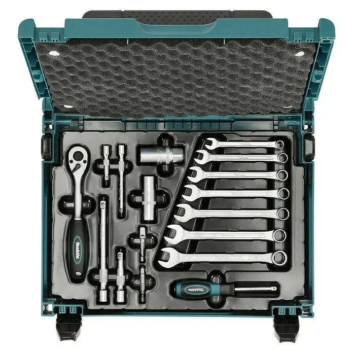 Makita Werkzeugkoffer E-08713 - 120 -tlg. - Makita Werkzeugkoffer mit diversen Werkzeugen wie Schraubenschlüssel, Schraubendreher und Ratschen für vielfältige Anwendungen.