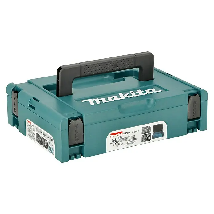 Makita Werkzeugkoffer E-08713 - 120 -tlg. - Bild einer Makita Werkzeugkiste, robust und professionell, ideal für Handwerker und Heimwerker zur Aufbewahrung und zum Transport von Werkzeugen.