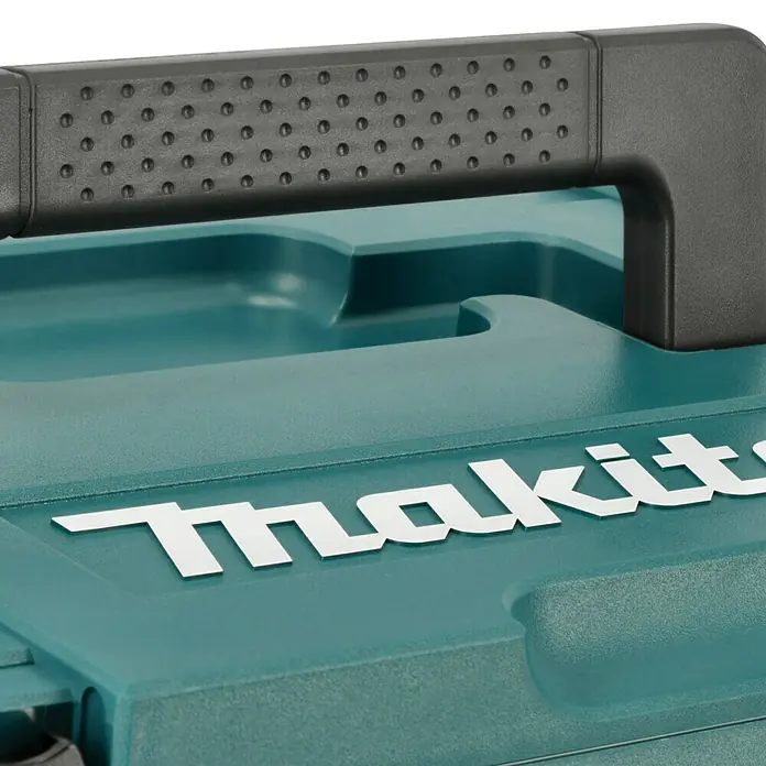 Makita Werkzeugkoffer E-08713 - 120 -tlg. - Detailaufnahme eines türkisfarbenen Makita Werkzeugkoffers mit schwarzem Griff und weißem Logo.