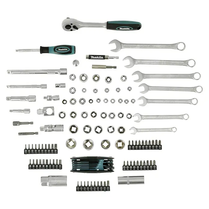 Makita Werkzeugkoffer E-08713 - 120 -tlg. - Umfangreiches Makita Werkzeugset, ideal für Heimwerker und Profis. Enthält Schraubenschlüssel, Bits und Ratschen für vielfältige Anwendungen.