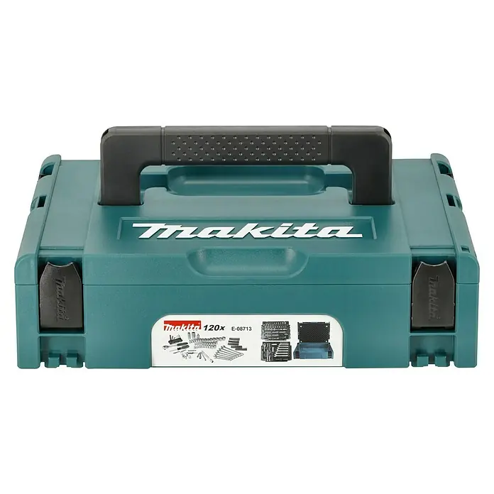 Makita Werkzeugkoffer E-08713 - 120 -tlg. - Makita E-08713 Werkzeugset mit 120 Teilen in einem robusten, tragbaren Werkzeugkoffer in Türkis und Schwarz.