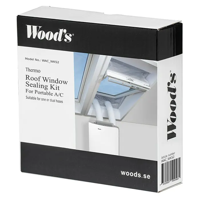 Woods Fensterabdichtung Dachfenster Thermo-Plus für mobile Klimageräte von Woods - Silber, Breite: 38 mm - Weiße und schwarze Verpackung für ein Thermo Dachfenster-Abdichtungskit für mobile Klimaanlagen, geeignet für Einzel- oder Doppelschläuche.