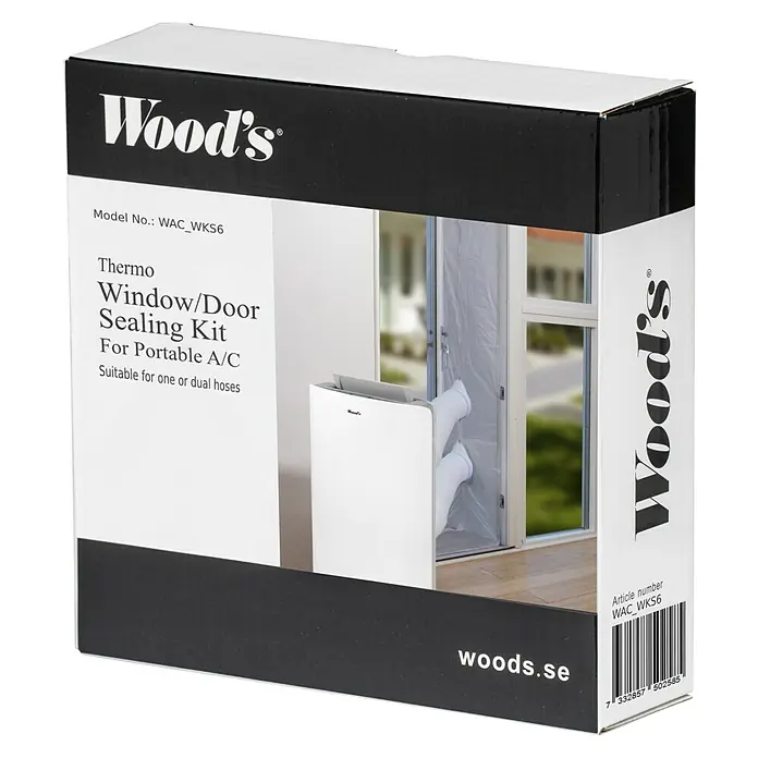 Woods Türdichtung Thermo-Plus für mobile Klimageräte von Woods - Silber - Schwarz-weiße Box für ein Woods Thermo Fenster-/Türabdichtungsset für tragbare Klimaanlagen, das Set am Fenster zeigend.