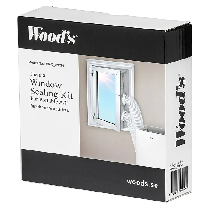 Woods Fensterabdichtung Thermo-Plus für mobile Klimageräte von Woods - Silber, Breite: 38 cm - Weiße und schwarze Verpackung für Wood's Thermo Fensterabdichtungsset für tragbare Klimaanlagen, zeigt das Set mit zwei Schläuchen im geöffneten Fenster.