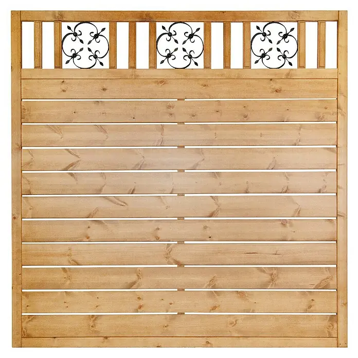 Andrewex Sichtschutzelement Rosette - B x H: 180 x 180 cm, Kiefer Natur - Hellbraune Holz-Zaunplatte mit horizontalen Latten und dekorativem schwarzen Metall-Rankenwerk oben.