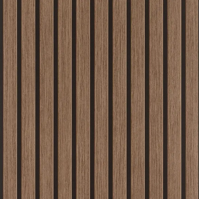 Tesa Rasch Strukturtapete Echo Akustik - Selbstklebend, Braunschwarz, Holzoptik, 6 x 0,53 m - Braune Holzlamellen-Wandverkleidung mit vertikalen Linien.