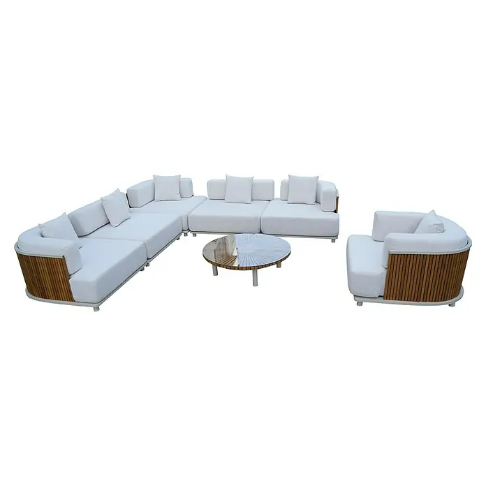 Sunfun Loungemöbel-Set - 7 -tlg., Aluminium, Textil, Champagner/Holz - Weißes, strukturiertes modulares Outdoor-Sofa-Set mit Holzdetails und einem runden Couchtisch aus Glas.