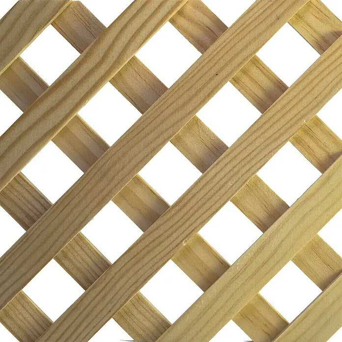 Celosía para exterior D12 Clásica - 850 x 10 mm, Madera, Marrón - Primer plano de un enrejado de madera decorativo con aberturas cuadradas, perfecto como soporte para plantas en el jardín o en la terraza.