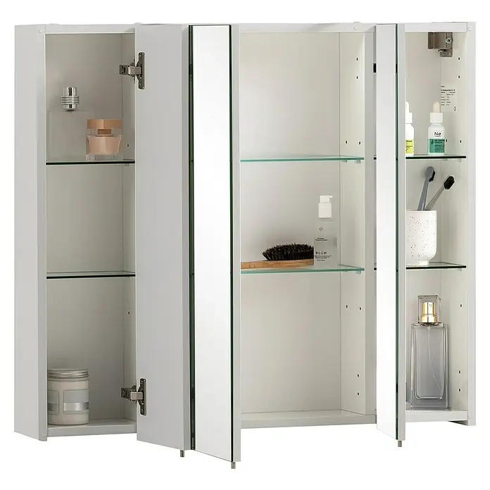 Schildmeyer Spiegelschrank Basic - B x H: 80 x 70,7 cm, Holz - Weißer Badschrank mit Spiegeltüren und Glasböden, offen mit Badartikeln.