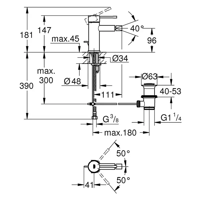 Grohe Essence Bidetarmatur - Chrom, Glänzend - Abmessungen eines Grohe Wasserhahns mit allen Maßen und Winkeln für die Installation dargestellt.