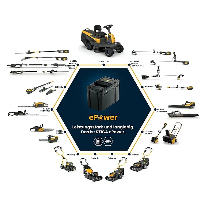 Stiga 500er Serie Akku-Multitool MT 500e Set - 48 V, 1 Akku, Schnittlänge: 44 cm - STIGA ePower Akku-System mit Rasenmähern, Heckenscheren, Kettensägen und mehr für den Garten. Leistungsstark und langlebig.