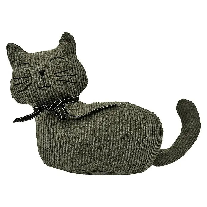 Türstopper - Katze, 33 x 10 x 25 cm - Dunkelolivgrüner Kord-Katzen-Türstopper mit gesticktem Gesicht und schwarzem Band.