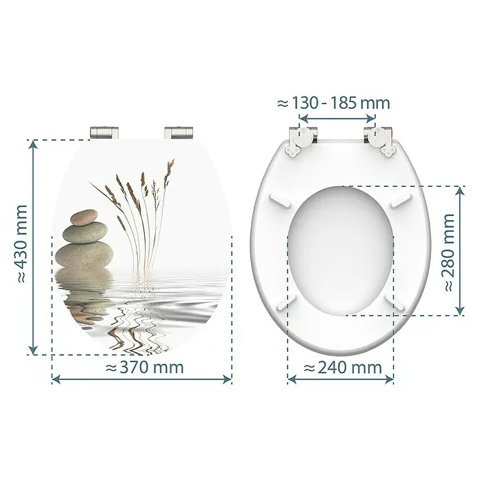 Schütte WC-Sitz Balance - MDF, Weiß/Beige, Mit Absenkautomatik - Produktabbildung eines Toilettensitzes mit Zen-Motiv und Maßangaben zur Größe und Befestigung für einfache Installation.