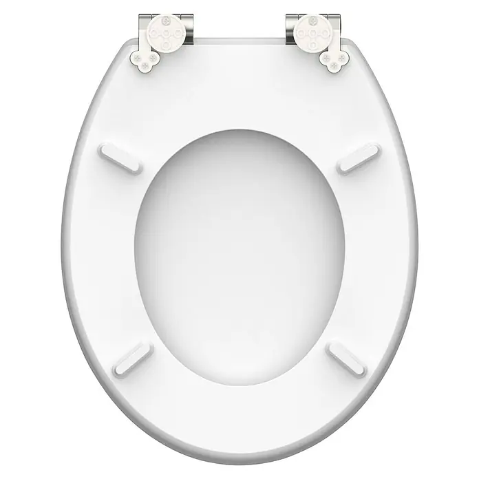 Schütte WC-Sitz Diamond - MDF, Weiß/Grau, Mit Absenkautomatik - Weißer Toilettensitz in einer Draufsicht, der ein elegantes und hygienisches Badezimmerdesign zeigt.\n