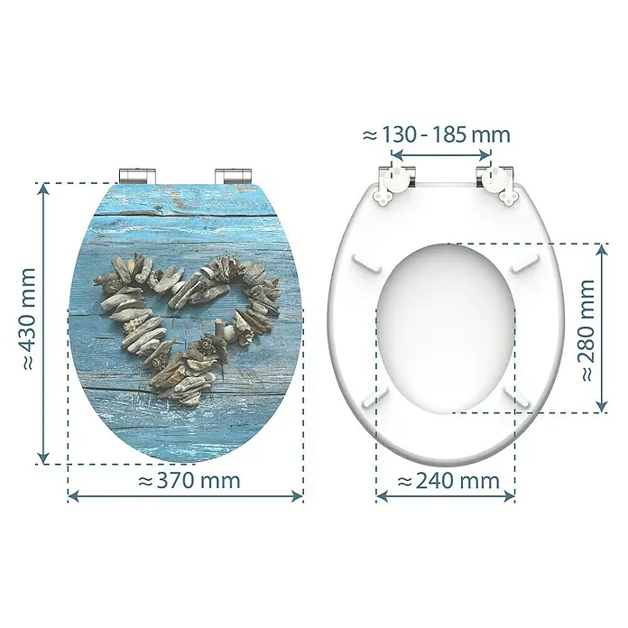 Schütte WC-Sitz Shell Heart - MDF, Blau/Braun, Mit Absenkautomatik - Toilettensitz mit Dekor, blaue Holzoptik und Herzmotiv, mit Maßangaben der Größe.