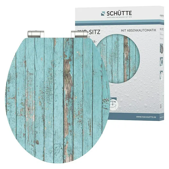 Schütte WC-Sitz Blue Wood - MDF, Türkis/Braun, Mit Absenkautomatik - WC-Sitz mit Absenkautomatik von Schütte im Used-Look. Der WC-Sitz ist aus Holz gefertigt und hat ein Gewicht von 1,75 kg.