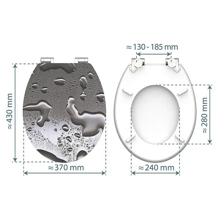 Schütte WC-Sitz Grey Steel - MDF, Grau, Mit Absenkautomatik - Bild einer Toilettensitz mit den Maßen ca. 430 x 370 mm (außen) und ca. 280 x 240 mm (innen). Der Abstand der Befestigungen beträgt ca. 130-185 mm.