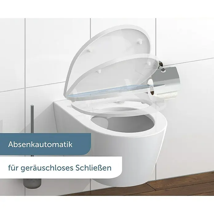 Schütte WC-Sitz Iceberg - Duroplast, Blau, Mit Absenkautomatik - Nahaufnahme einer modernen Toilette mit Absenkautomatik für geräuschloses Schließen, montiert an einer weißen Wand.