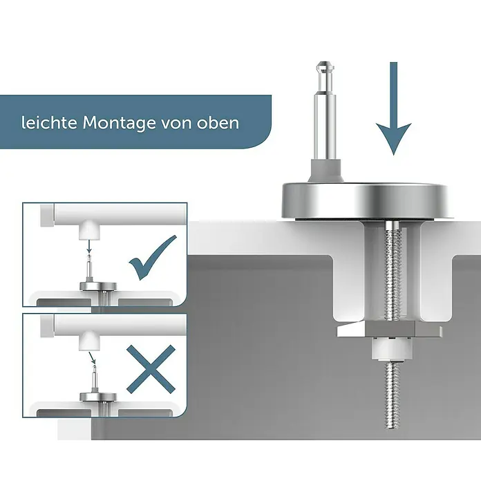 Schütte WC-Sitz Relaxing Frog - Duroplast, Grau/Gold, Mit Absenkautomatik - Bild einer Toilettensitzbefestigung mit einfacher Montage von oben. Das Design ermöglicht eine problemlose Installation.